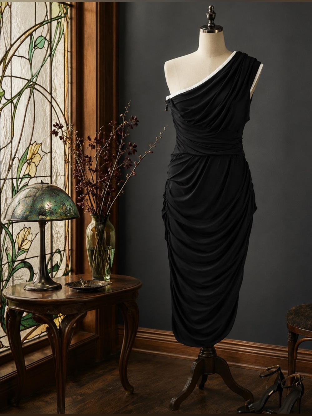 Monique Lhuillier One-Shoulder Black Ruched Dress with White Leather Trim (4)